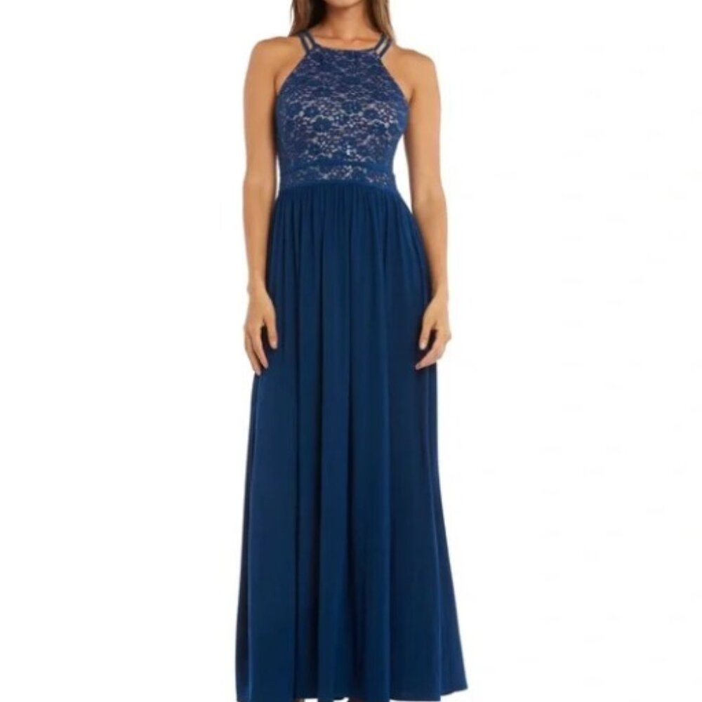 Nightway navy lace sequin maxi halter sleeveless gown, Size 8